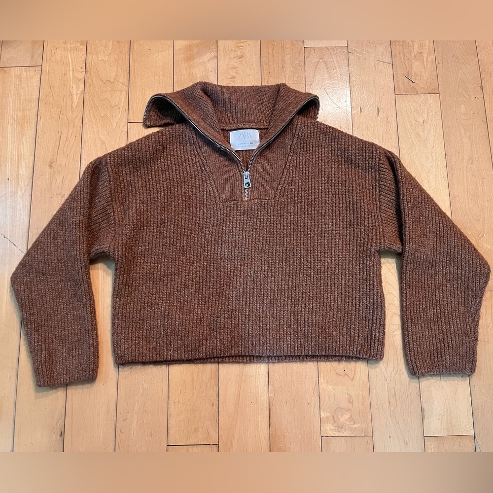 ZARA Brown Knit Turtleneck Top Half-Zip Pullover Size 11-12yrs